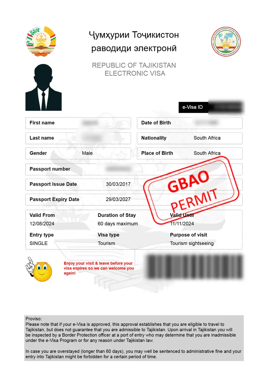 Tajikistan eVisa sample